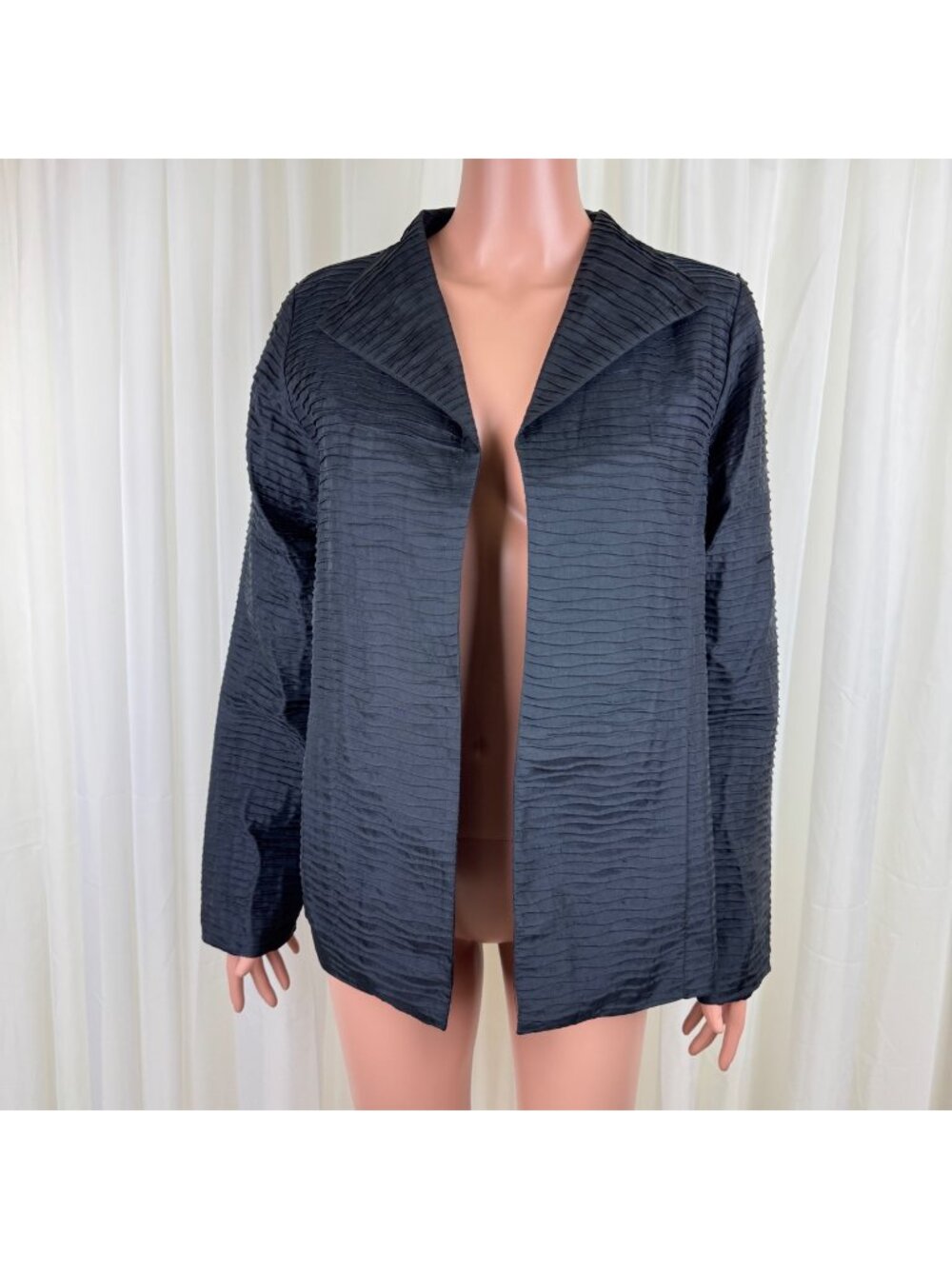 Carole Little Silk Open Front Jacket Black Textured Tuxedo Stitch Cardigan Sz 10